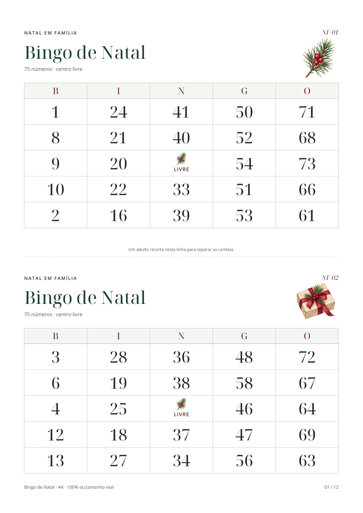 Prévia da edição ilustrada com duas cartelas de bingo.